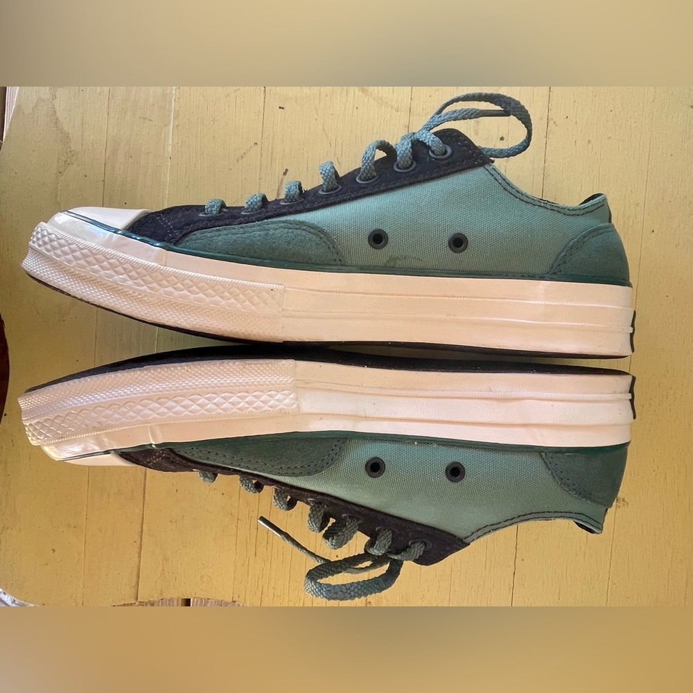 Converse, All Star Chuck Taylor’s. Green/black suede, green canvas. Worn once.